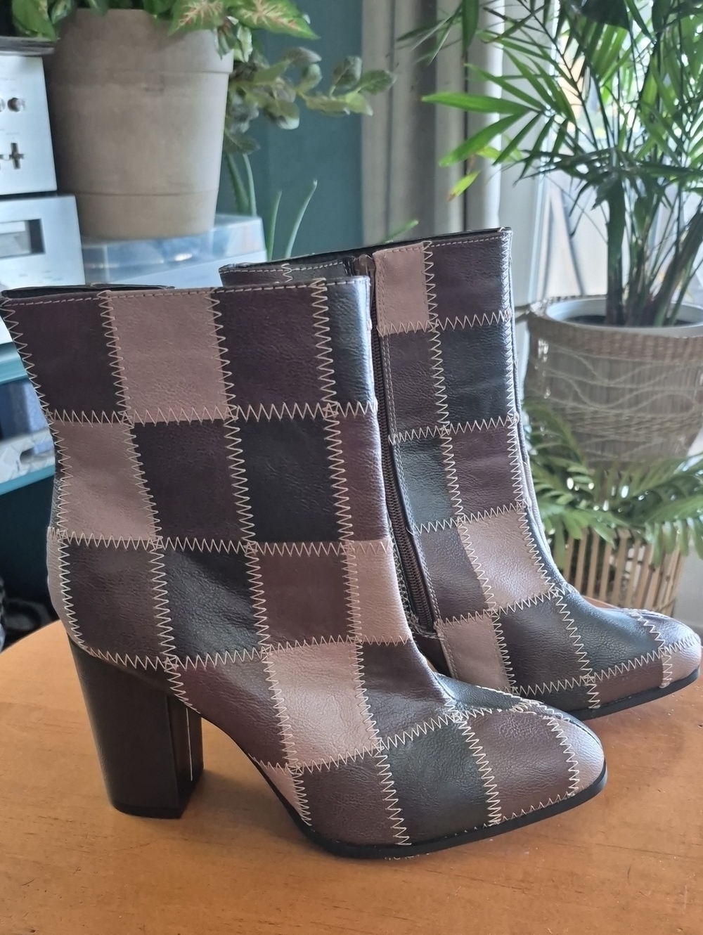Cato Patchwork Brown Vegan Leather 4" Block Heel Ankle Boots. Size 11. NWOT